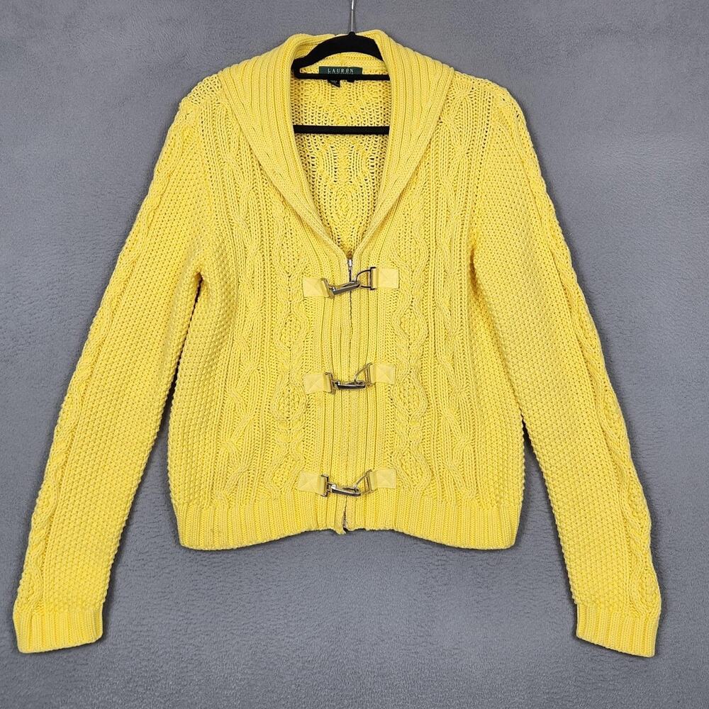 Lauren Ralph Lauren Sweater Womens Large Yellow Cotton Cable Zip Toggle Cardigan